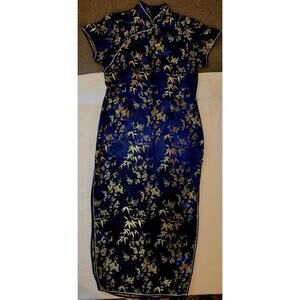 KEY women's MED. blue & gold asian style long dress zip back